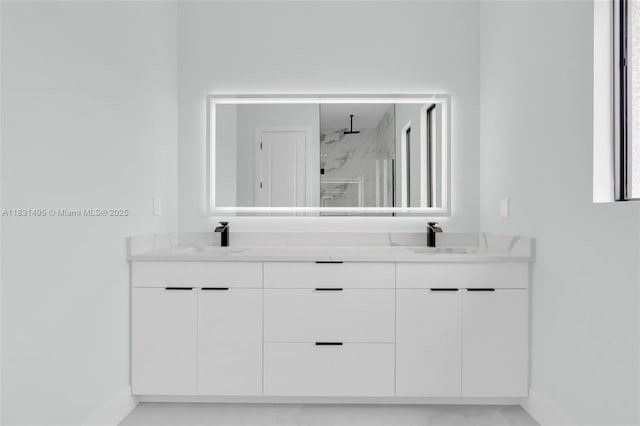 3209 45th St SW, Lehigh Acres, FL 33976 - full bath with double vanity, a marble finish shower, and marble finish floors