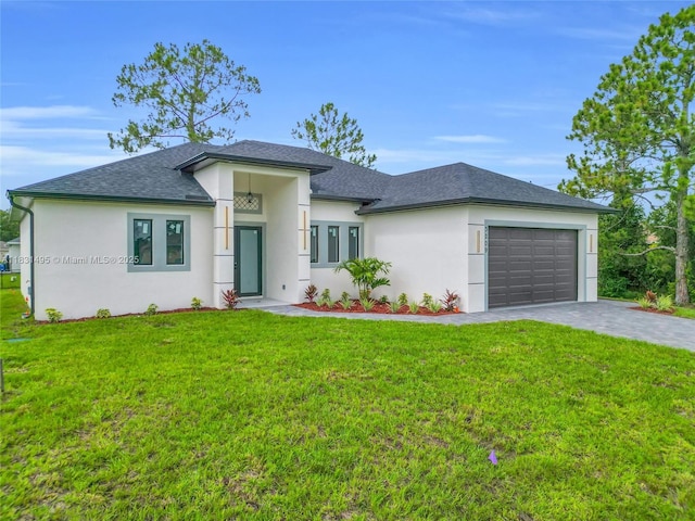 3209 45th St SW, Lehigh Acres, FL 33976 - view of front of property with a shingled roof, a garage, driveway, stucco siding, and a front lawn