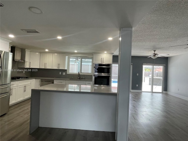 11123 SW 156th Ct, Miami, FL 33196 - kitchen with ceiling fan, appliances with stainless steel finishes, wall chimney range hood, dark wood-type flooring, and white cabinets