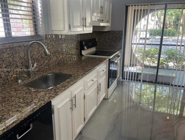 6314 W Longboat Ln W Unit 104, Boca Raton, FL 33433 - kitchen featuring electric stove, under cabinet range hood, dishwasher, tasteful backsplash, and white cabinetry