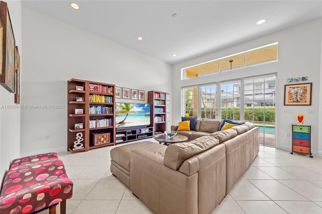 19442 SW 39th St, Miramar, FL 33029 - living area with light tile patterned floors, a towering ceiling, and recessed lighting