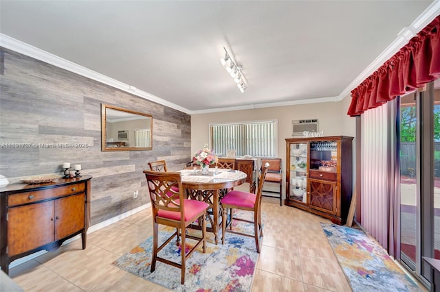 2201 N 57th Ter, Hollywood, FL 33021 - dining room with an accent wall, crown molding, wood walls, light tile patterned floors, and an AC wall unit