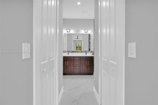 2505 40th, Lehigh Acres, FL 33976 - full bathroom with marble finish flooring, double vanity, and recessed lighting