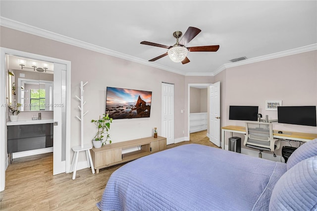 10527 NW 6th St, Pembroke Pines, FL 33026 - bedroom featuring crown molding, wood finished floors, a desk, ensuite bathroom, and a ceiling fan