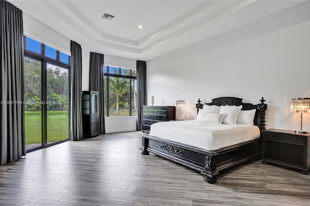 11056 Blackhawk Blvd, Davie, FL 33328 - bedroom featuring a tray ceiling, wood finished floors, recessed lighting, and access to exterior