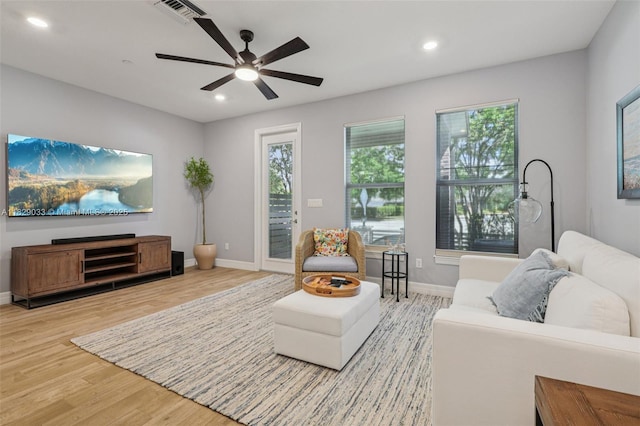 8367 NW 7th Pl Unit 0, Plantation, FL 33324 - living room featuring light wood-style flooring, ceiling fan, healthy amount of natural light, and recessed lighting