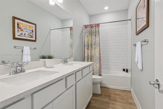 8367 NW 7th Pl Unit 0, Plantation, FL 33324 - bathroom featuring double vanity, shower / bathtub combination with curtain, wood finished floors, and recessed lighting