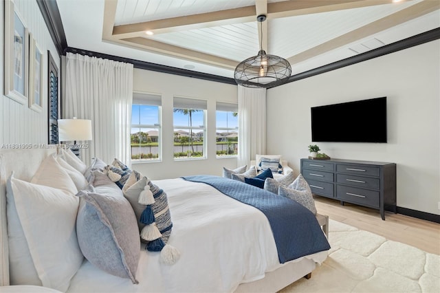 9369 Crestview Cir, Palm Beach Gardens, FL 33412 - bedroom featuring light wood-type flooring, a raised ceiling, crown molding, and beamed ceiling