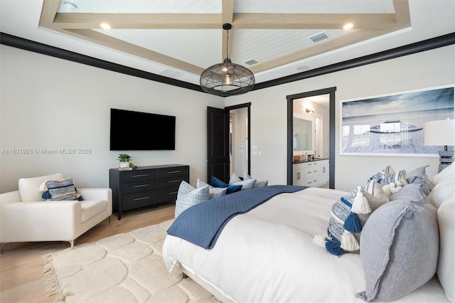 9369 Crestview Cir, Palm Beach Gardens, FL 33412 - bedroom with light wood finished floors, beam ceiling, and connected bathroom