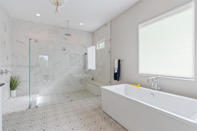 9369 Crestview Cir, Palm Beach Gardens, FL 33412 - full bathroom with a freestanding bath, a marble finish shower, and recessed lighting