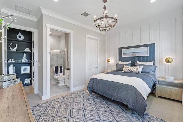 9369 Crestview Cir, Palm Beach Gardens, FL 33412 - bedroom with ornamental molding, light colored carpet, a chandelier, recessed lighting, and ensuite bath
