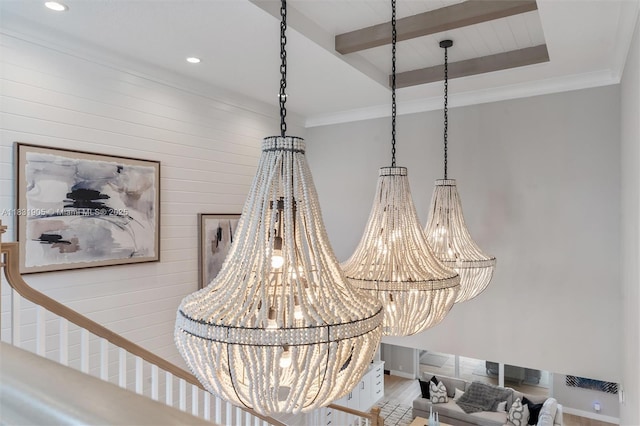 9369 Crestview Cir, Palm Beach Gardens, FL 33412 - detailed view of a chandelier, recessed lighting, wood finished floors, wooden walls, and ornamental molding