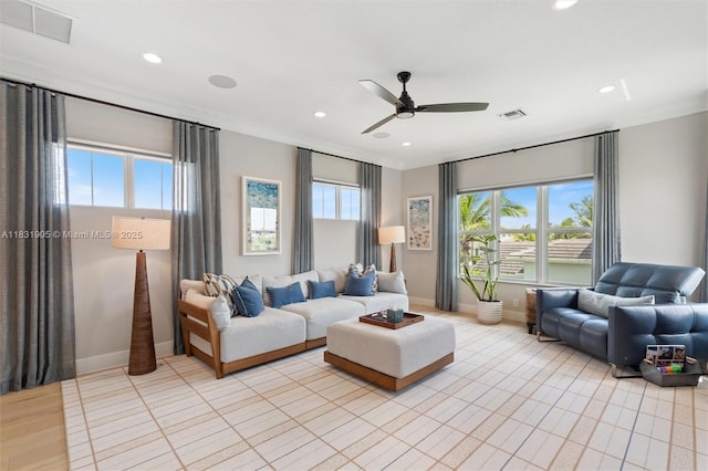 9369 Crestview Cir, Palm Beach Gardens, FL 33412 - living room featuring ceiling fan, recessed lighting, and crown molding