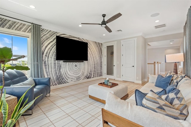 9369 Crestview Cir, Palm Beach Gardens, FL 33412 - living room with light tile patterned floors, crown molding, ceiling fan, and recessed lighting