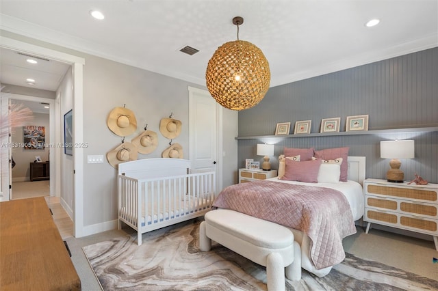 9369 Crestview Cir, Palm Beach Gardens, FL 33412 - bedroom featuring a chandelier, recessed lighting, crown molding, and carpet
