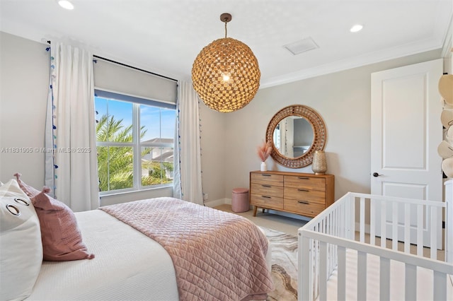 9369 Crestview Cir, Palm Beach Gardens, FL 33412 - carpeted bedroom with recessed lighting and ornamental molding