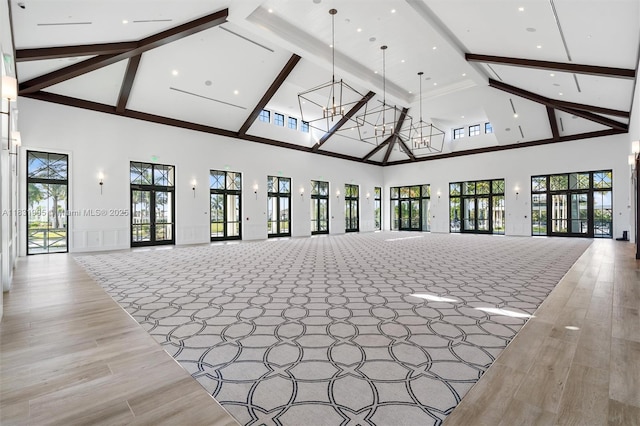 9369 Crestview Cir, Palm Beach Gardens, FL 33412 - lobby with high vaulted ceiling, beamed ceiling, and recessed lighting