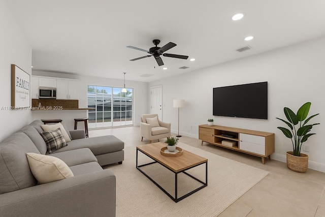 10600 SW 199th St, Cutler Bay, FL 33157 - living room featuring recessed lighting, light tile patterned floors, and a ceiling fan