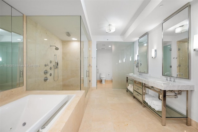 9703 Collins Ave Unit Ph-12, Bal Harbour, FL 33154 - bathroom with a stall shower, double vanity, a bath, and tile patterned floors