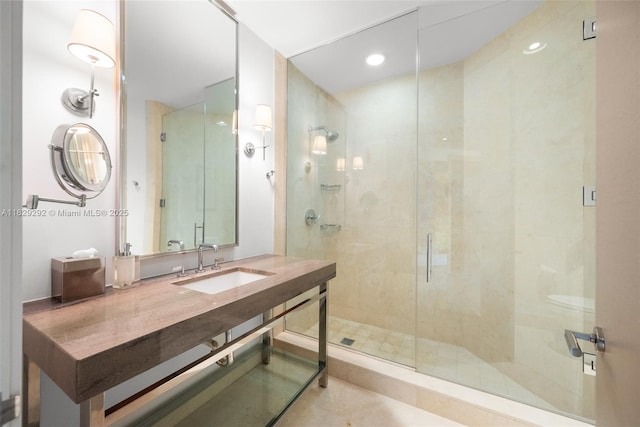 9703 Collins Ave Unit Ph-12, Bal Harbour, FL 33154 - full bath featuring a shower stall, vanity, tile patterned floors, and recessed lighting