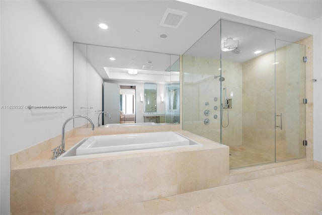 9703 Collins Ave Unit Ph-12, Bal Harbour, FL 33154 - bathroom featuring a garden tub, a stall shower, tile patterned flooring, and recessed lighting