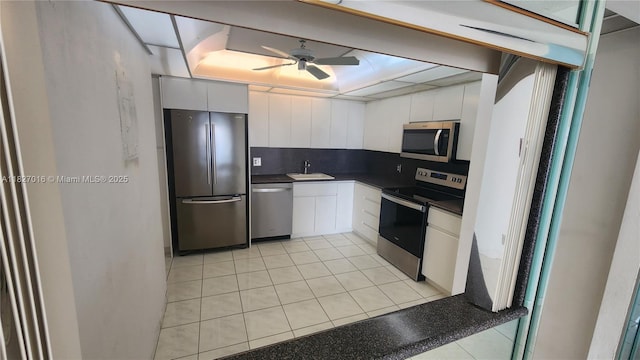 2101 S Ocean Dr Unit 2603, Hollywood, FL 33019 - kitchen featuring appliances with stainless steel finishes, dark countertops, a ceiling fan, white cabinetry, and light tile patterned floors