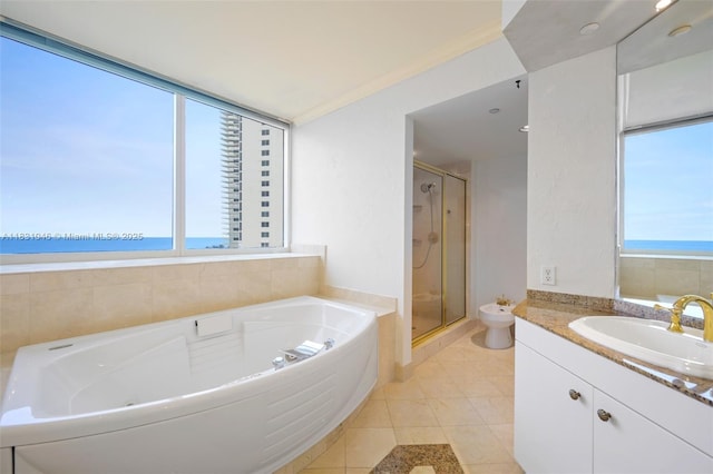 19111 Collins Ave Unit 801, Sunny Isles Beach, FL 33160 - full bathroom with a stall shower, vanity, a bath, and tile patterned flooring