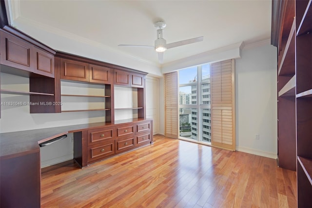 19111 Collins Ave Unit 801, Sunny Isles Beach, FL 33160 - unfurnished office with crown molding, a ceiling fan, light wood finished floors, and built in study area