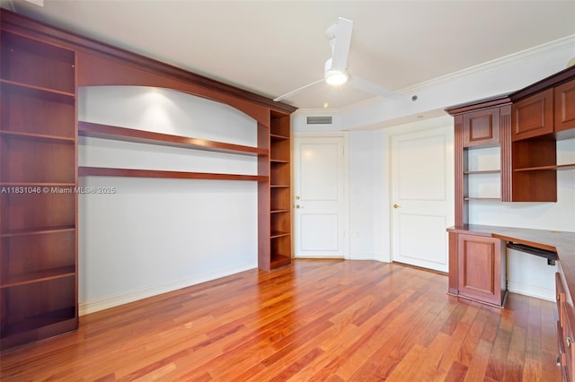19111 Collins Ave Unit 801, Sunny Isles Beach, FL 33160 - unfurnished office with ceiling fan, light wood finished floors, crown molding, and built in study area