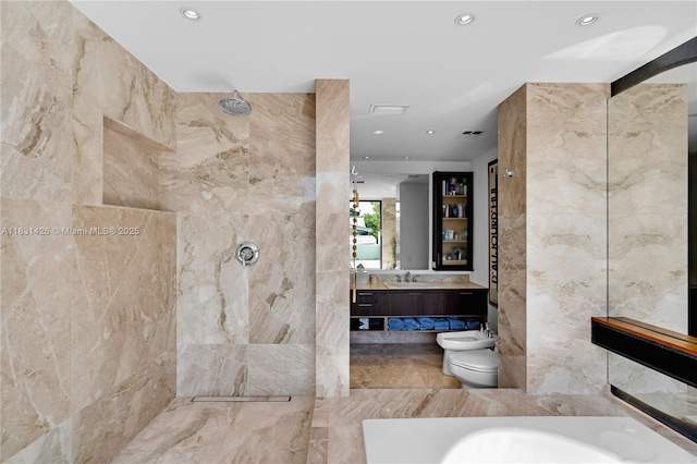 3520 Rockerman Rd, Miami, FL 33133 - full bathroom with tile walls, a walk in shower, recessed lighting, vanity, and a bidet