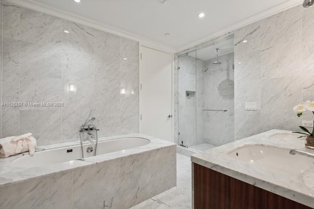 15701 Collins Ave Unit 2902, Sunny Isles Beach, FL 33160 - bathroom featuring tile walls, a marble finish shower, a garden tub, ornamental molding, and marble finish floors