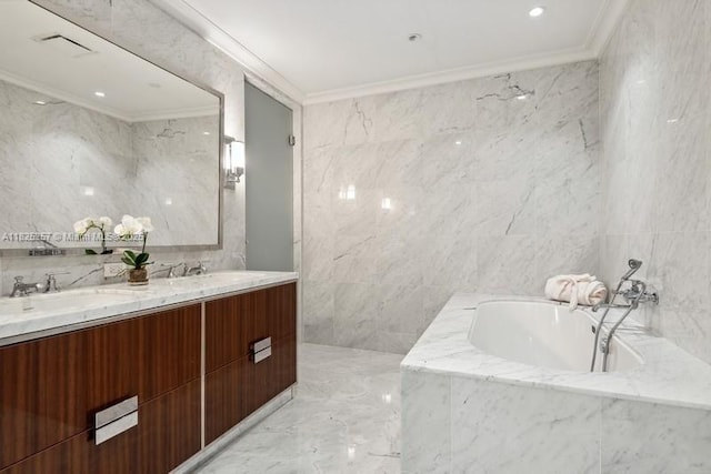 15701 Collins Ave Unit 2902, Sunny Isles Beach, FL 33160 - full bathroom with crown molding, tile walls, double vanity, a garden tub, and marble tiled floors