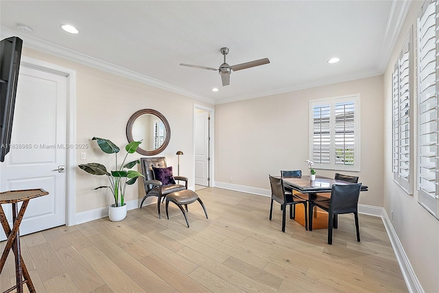 5736 Gauguin Ter, Palm Beach Gardens, FL 33418 - dining room with a ceiling fan, light wood-style floors, recessed lighting, and crown molding