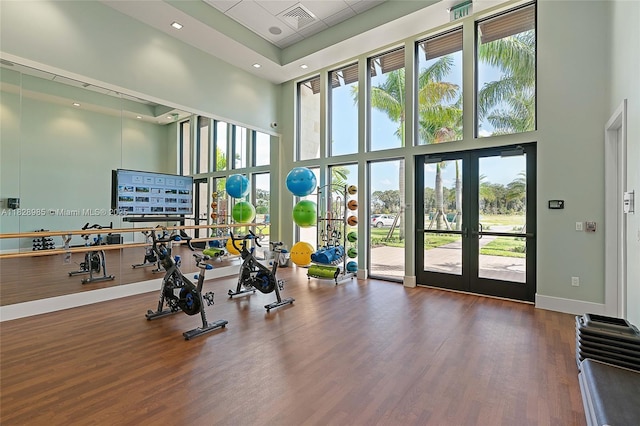 5736 Gauguin Ter, Palm Beach Gardens, FL 33418 - workout area with a high ceiling, french doors, and wood finished floors