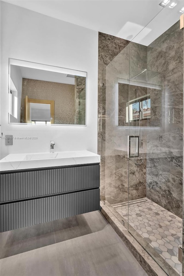 9448 Abbott Ave, Surfside, FL 33154 - bathroom featuring a stall shower and vanity