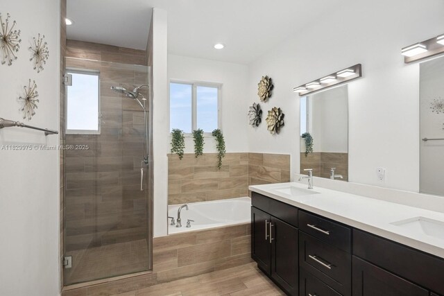 18350 SW 139th Path, Miami, FL 33177 - full bathroom with a shower stall, a bath, double vanity, and recessed lighting