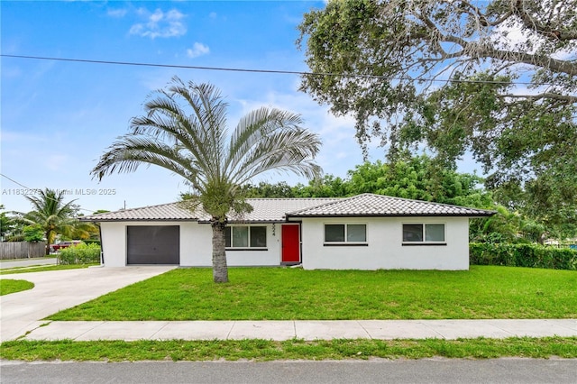 524 NW 7th Ct, Boynton Beach, FL 33426 - ranch-style home featuring an attached garage, concrete driveway, stucco siding, a front yard, and a tile roof