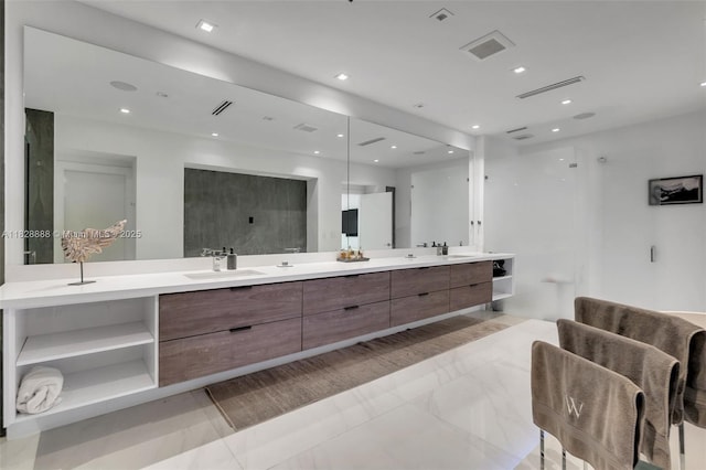 13441 Mustang Trl, Southwest Ranches, FL 33330 - bathroom featuring double vanity, a walk in shower, and recessed lighting