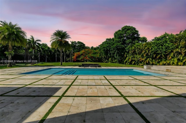 13441 Mustang Trl, Southwest Ranches, FL 33330 - pool at dusk with an outdoor pool, a patio, and a lawn
