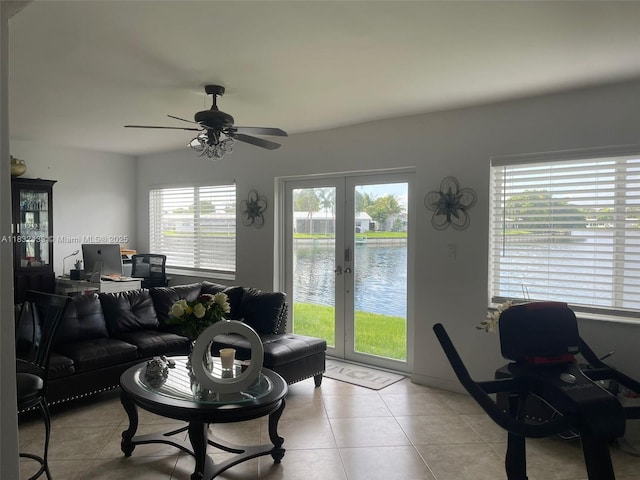 8312 NW 59th St, Tamarac, FL 33321 - living area featuring french doors, light tile patterned floors, an office area, and a ceiling fan