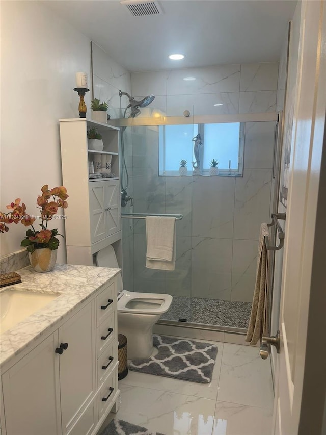 8312 NW 59th St, Tamarac, FL 33321 - bathroom with marble look tiles, vanity, a marble finish shower, and recessed lighting
