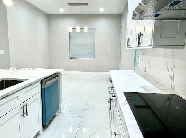 1013 SW Deauville Ave, Port St Lucie, FL 34953 - kitchen with wall chimney exhaust hood, dishwashing machine, black electric stovetop, light marble finish floors, and white cabinetry