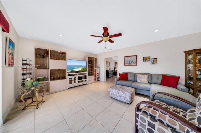 1315 W 79th St, Hialeah, FL 33014 - living room featuring light tile patterned floors, a ceiling fan, and recessed lighting
