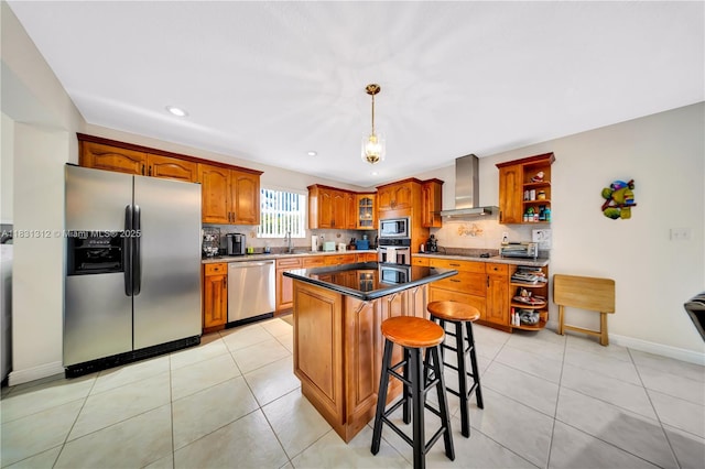 1315 W 79th St, Hialeah, FL 33014 - kitchen with wall chimney range hood, appliances with stainless steel finishes, open shelves, backsplash, and brown cabinets