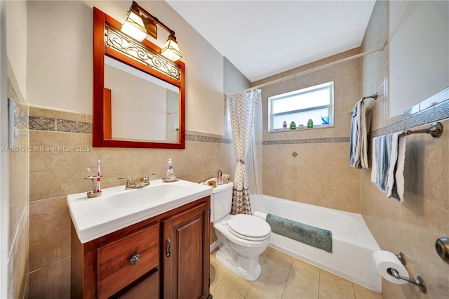 1315 W 79th St, Hialeah, FL 33014 - bathroom with tile walls, vanity, tile patterned flooring, shower / tub combo, and a wainscoted wall