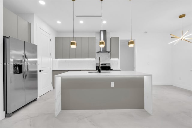 1018 Calvin Ave, Lehigh Acres, FL 33972 - kitchen featuring stainless steel appliances, wall chimney range hood, modern cabinets, gray cabinets, and recessed lighting