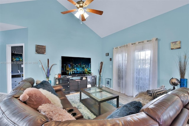 1419 Avon Ln Unit 216, North Lauderdale, FL 33068 - living area with high vaulted ceiling, a ceiling fan, and wood finished floors