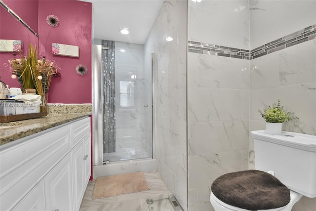 1419 Avon Ln Unit 216, North Lauderdale, FL 33068 - bathroom featuring marble finish floors, a marble finish shower, vanity, recessed lighting, and tile walls