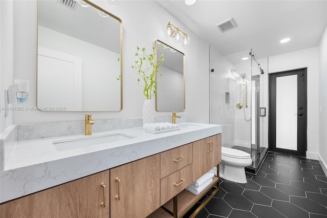 10704 SW 133rd Ter, Miami, FL 33176 - full bathroom with double vanity, a shower stall, tile patterned flooring, and recessed lighting