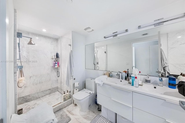 9940 W Bay Harbor Dr Unit 4B-S, Bay Harbor Islands, FL 33154 - bathroom featuring a marble finish shower, double vanity, and marble look tiles
